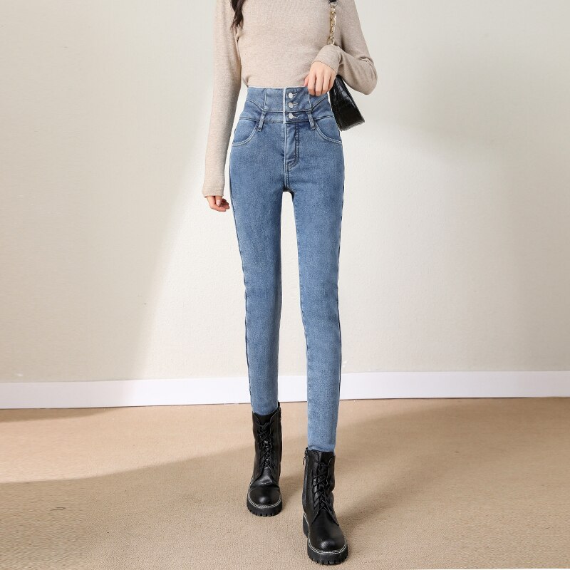 2023 New Women Winter Fleece Velvet Warm Jeans Thick Trousers High Waist Elastic Pants Mom Jean Stretch Pencil Pant Hot Legging